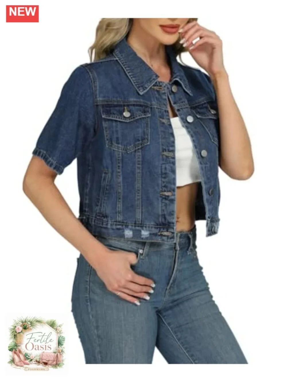 Cropped Denim Jacket Women Short Sleeve Casual Ripped Distressed Trucker Coat